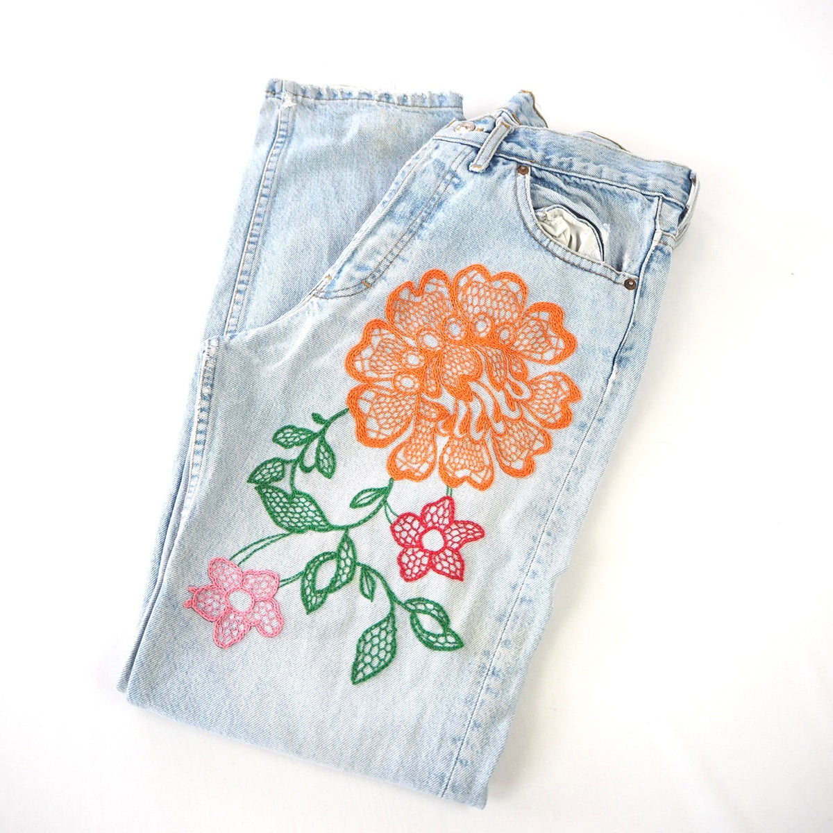 INNOCENCE FLORAL DENIM PANTS EMBROIDERY BY HAND – INNOCENCE NYC