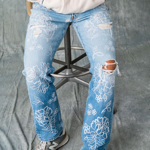 FLORAL DENIM PANTS FULL EMBROIDERY BY HAND
