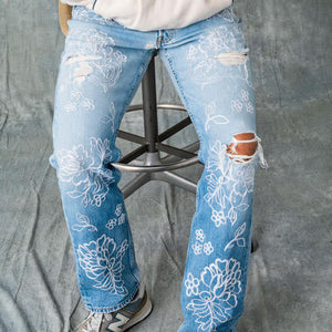 FLORAL DENIM PANTS FULL EMBROIDERY BY HAND